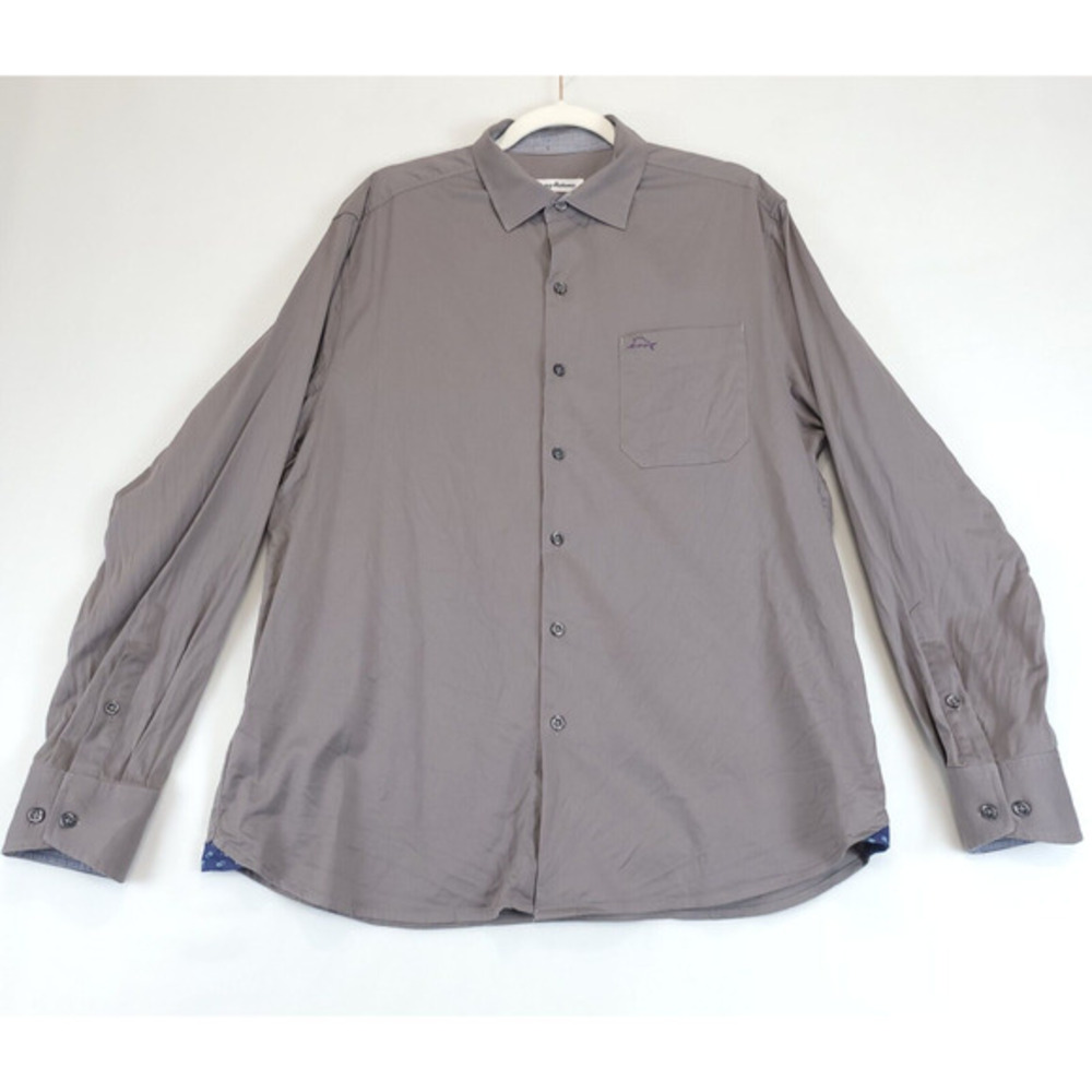 Tommy‎ Bahama Silk Blend Button Up Shirt Flip Cuff Men M Gray Pocket Long Sleeve